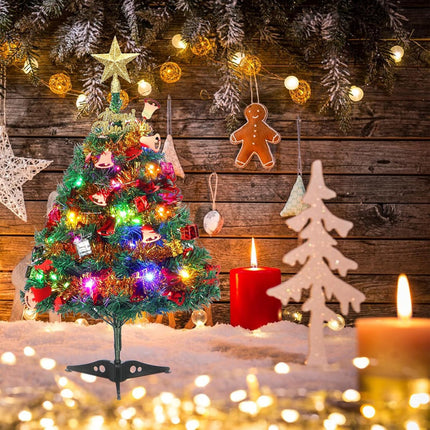 Mini Christmas Pine Tree, 24"/60cm Small Tabletop Artificial Xmas Tree with LED String Lights & Ornaments, Decor for Room and Office