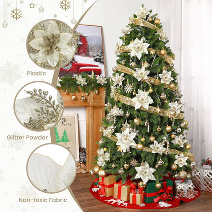 24 Pcs 6"&9" Large Size Poinsettia Artificial Christmas Flowers for Christmas Tree, Boxed Christmas Ornaments Flowers Glitter Picks for Xmas Year Decor with Clips&Sticks，Champagne Gold