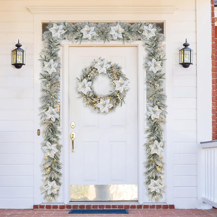 Glitzhome 24" D Pre-Lit Snow Flocked Greenery Pine Poinsettia Christmas Wreath, with 50 Warm White Lights with Timer