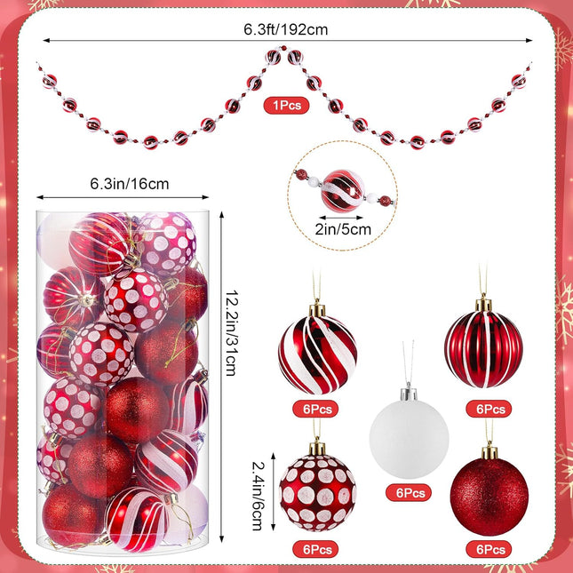Liliful 30 Pcs 2.4 Inch Christmas Ball Ornaments and 79'' Glitter Candy Ball Garland Christmas Tree Hanging Decorations for Xmas Tree Indoor Outdoor Party Holiday Decoration Red and White