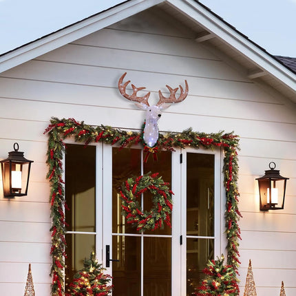 Christmas Outdoor Decoration, Reindeer Head Wall Decor,Xmas Rudolph Reindeer Hanging Wreath with Operated 8 Modes, Creating a Unique Atmosphere for The Entire Christmas Season. (Brown)
