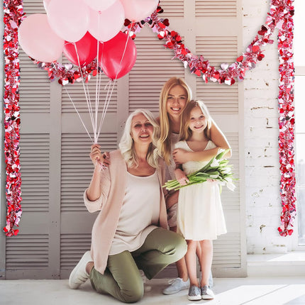 Valentines Shiny Heart Tinsel Garland 6.56 Feet Each Metallic Tinsel Twist Garland for Christmas Tree Ornaments Wreath Wedding Party Hanging Decoration(Rosy, Red, White,8 Pieces)