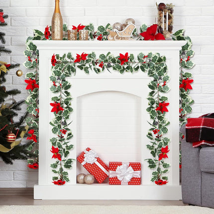 AnyDesign 15.7Ft Christmas Artificial Garlands with Red Poinsettias Berries Holly Leaves and Snowy Pine Cones Faux Vine Hanging Garlands for Winter Xmas Party Home Wedding Frame Backdrop Decor, 2Pcs