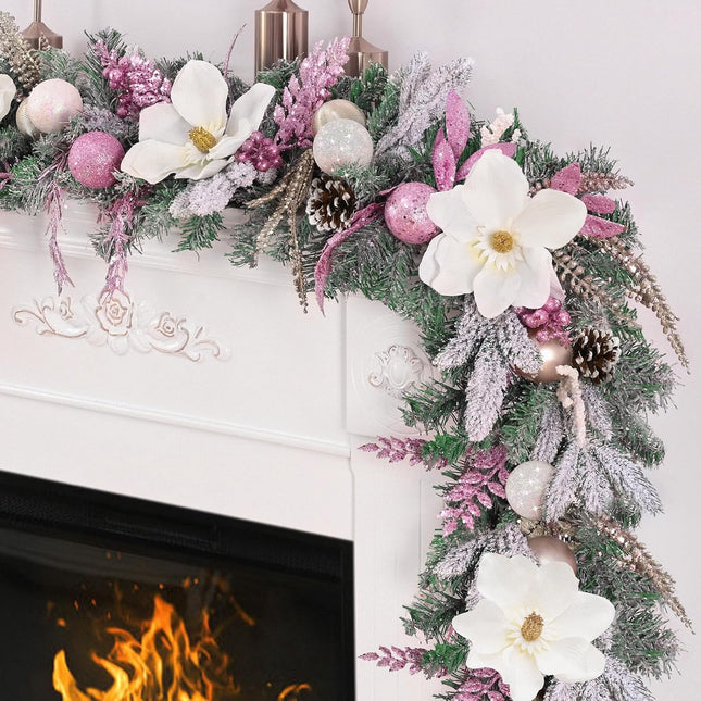 Christmas Garland - 5.9 Ft Christmas Garland for Mantle, Christmas Flocked Garlands with Magnolia Flower Christmas Balls Pink Gold Leaves for Outdoor Indoor Christmas Decor