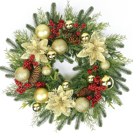 Christmas Wreath, 20'' Christmas Wreaths for Front Door with Gold Ball and Flower, Christmas Door Decorations for Year
