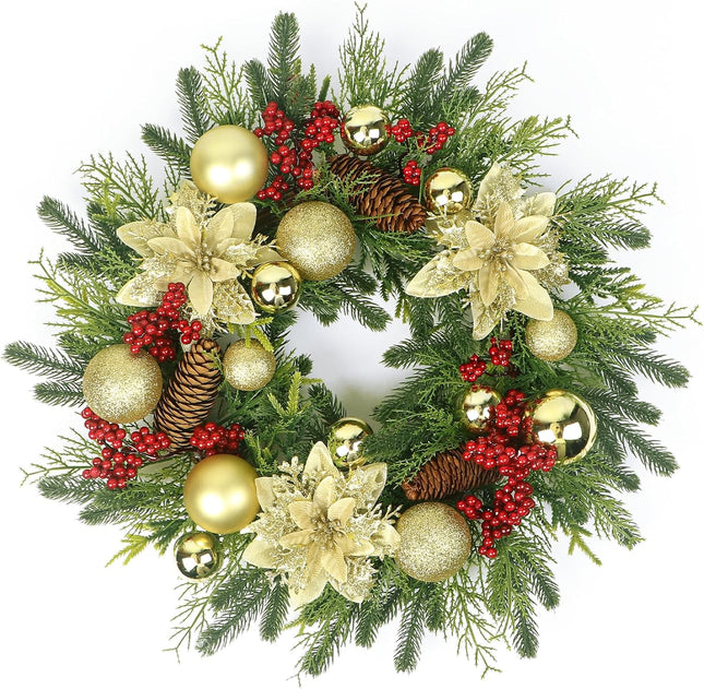 Christmas Wreath, 20'' Christmas Wreaths for Front Door with Gold Ball and Flower, Christmas Door Decorations for Year