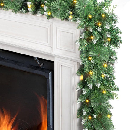 Jin&Bao 9FT Christmas Garland with Lights 100 LED Prelit Pine Needle, Cypress Leaves, Snow Branches Garland Christmas Decorations with Timer 8 Modes for Mantle Stairs Door Outdoor Decor