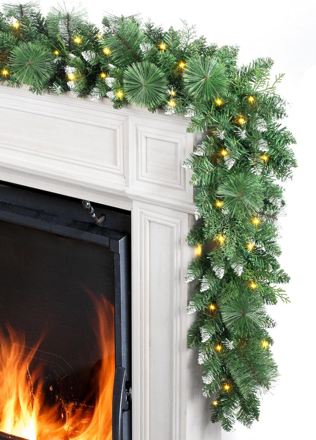 Jin&Bao 9FT Christmas Garland with Lights 100 LED Prelit Pine Needle, Cypress Leaves, Snow Branches Garland Christmas Decorations with Timer 8 Modes for Mantle Stairs Door Outdoor Decor