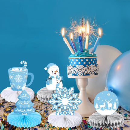 9 Pcs Winter Table Honeycomb Centerpieces Snowflake Honeycomb Party Decorations Winter Party Centerpieces for Winter Theme Christmas Birthday Baby Shower Party Supplies (Blue)