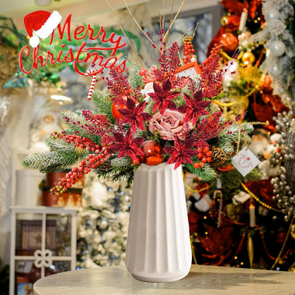 Artificial Glitter Berry Stem Ornaments, 18 Pack 17.5 Inch Red Fake Christmas Picks Decorations with Poinsettia Christmas Flowers,Twigs Bead Sticks for Christmas Tree Wedding Small Vase Wreath Decor
