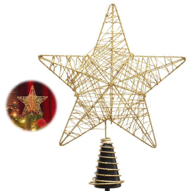10inch Christmas Tree Toppers Xmas Glitter Gold Hollow Star Treetop Topper for Holiday Ornament Christmas Tree Decoration