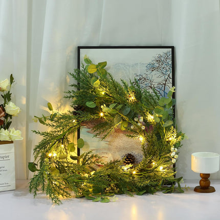 6ft prelit Lighted Christmas Garland with LED Lights,Battery Powered with Pine Cones,Eucalyptus Leaves,Berries, Pine Needles,Christmas Garland for Fireplace Mantle Decorations. (White Berries)