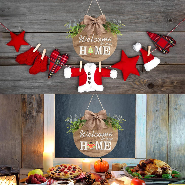 Interchangeable Welcome Home Sign, Seasonal Front Porch Door Decor With 21 Changeable Icons for Halloween /Christmas/Independence Day, Rustic Wood Wreaths Wall Hanger for Housewarming (12in)