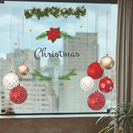 Christmas Wall Decals Hanging Ball Window Wall Stickers Decorations, Golden Star Red Hanging Balloon Wreath Wall Decor Posters Vinyl Removable Xmas Decals Party Supplies
