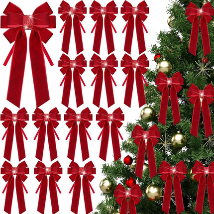 15 Sets Christmas Velvet Bows for Tree 6.7'' x 3.9'' Christmas Wreath Bows with Rhinestone DIY Christmas Tree Topper Bow Ornaments for Xmas Holiday Party Decoration Wrapping(Red)