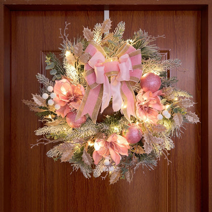 22inch Christmas Pink Wreath for Front Door with 30 LED Lights,Elegant Pink Magnolia Christmas Door Wreath,Festive Holiday Decor, Frosted Winter Wreath,Pink Decorations for Christmas and Wedding