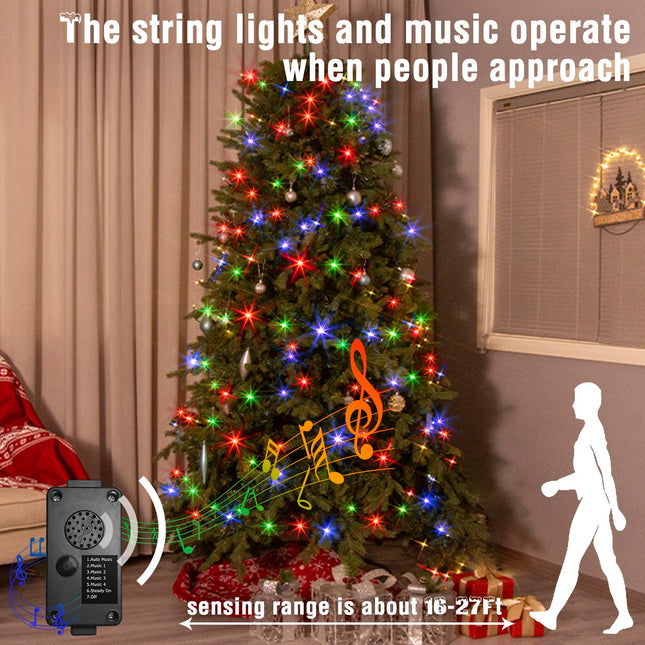 PEIDUO Christmas Lights with Music, Infrared Motion Sensor Controller with 6 Modes, Waterproof for Xmas Outdoor Garden Party Decor, Plug in, Multicolor Lights