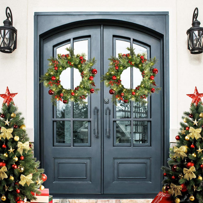 Christmas Wreath for Front Door Wreath, 22 Inch Christmas Door Wreath with Red Balls and Berries for Outdoor Front Door, Wall and Window Decor