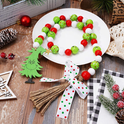 Whaline 2Pcs Christmas Wooden Bead Garlands Red Green Cartoon Character Rustic Wood Bead Garland with Rope Tassel Xmas Hanging Decor for Farmhouse Tiered Tray Home Decor Christmas Party Suppliers