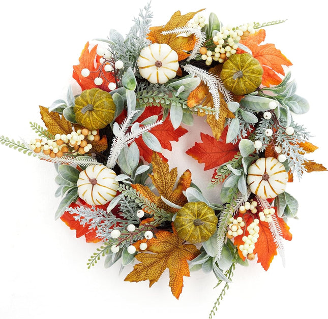 Adeeing 20 Inch Fall Wreath for Front Door, Autumn Pumpkin Wreath with White Green Pumpkins Maple Leaves Lamb Ear Leaves, Farmhouse Door Wreath for Thanksgiving Indoor Outdoor Decorations