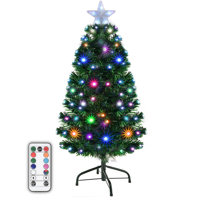 Holiday Essence Prelit Artificial Christmas Tree, 4 Foot Pine Xmas Tree with Multi Function Changing LED Multi Colored Lights and Star Tree Topper with Remote, 120 Full Tips, Metal Stand