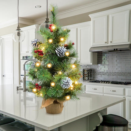Pre-lit Mini Christmas Trees, Little Christmas Tree with Flocked Pine Needles, Pine Cones, Berries Christmas Decoration, 2 ft Burlap Base Small Trees with 25 Led Lights for Table Top Xmas Decoration