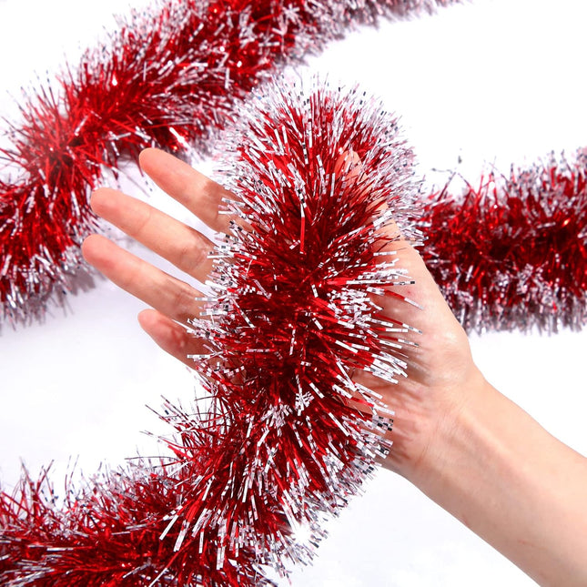 Waydress 4 Pcs Red Tinsel Garland Christmas Tree Decoration Streamer White Snow Metallic Garland Xmas Tree Hanging Streamers for Party Supplies Indoor Outdoor Decor, 3.5 Inch Wide