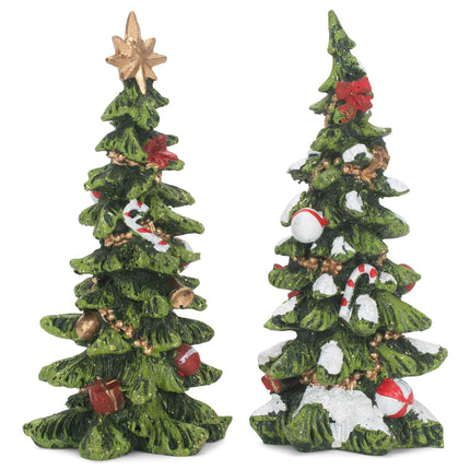 Resin Holiday Decorated Christmas Trees - Set of 2