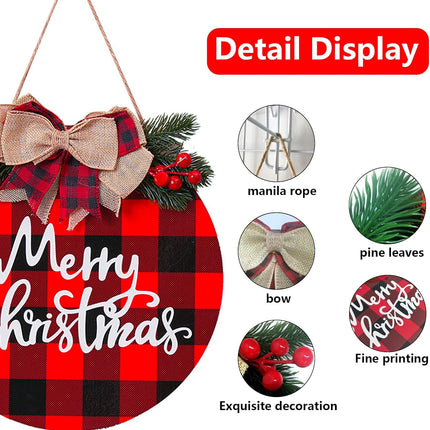 Merry Christmas Wood Sign Christmas Decoration Hanging Sign Christmas Wall Decor Rustic Wooden Plaid Wreath Christmas Decor Wood Round Yard Sign Farmhouse Christmas Front Door Sign