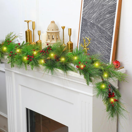 Chuangdi 6 ft Christmas Pine Garland with 20 LED Lights Battery Operated Pre-lit Artificial Pine Needle Garland with Pine Cones Berries Christmas Greenery Garland for Mantle Staircase Fireplace Decor