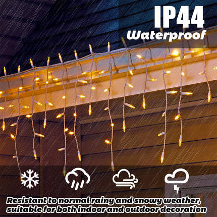Christmas Icicle Lights 8.5 ft 150 Count String Lights Warm White Christmas Decorations Plug in Waterproof Christmas Lights for Outdoor, Xmas, Patio, Courtyard Decor (150 Count Warm White, Plastic)