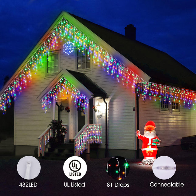 WBao Icicle Lights Outdoor, 432 LED 33FT Christmas Lights with 81 Drops, Remote Control, 3 Timer Settings, 8 Modes, Waterproof, Connectable Icicle Lights for Holiday Party Eaves Decor, Multicolor