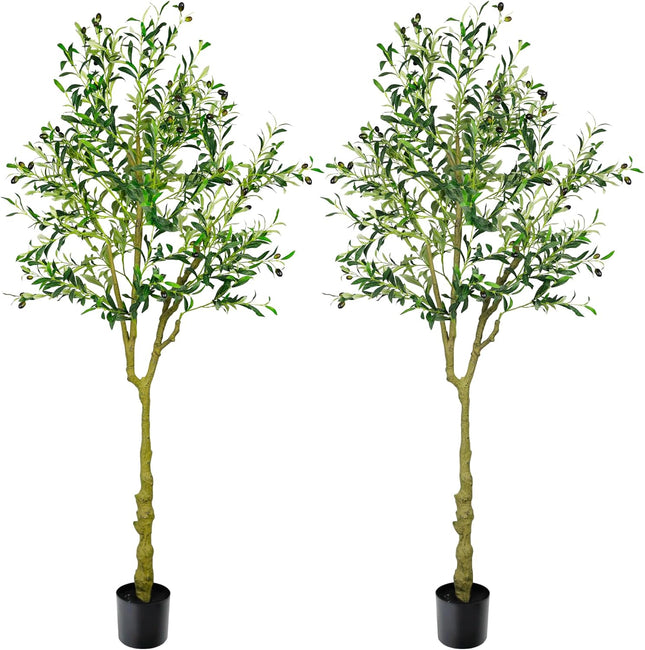 KOL Artificial Olive Tree 6FT 2-Pack Faux Silk Plant for Modern Home Office Decor Fake Potted Tree with Lifelike Realistic Fruits, Unique Trunk with a Concave-Convex Appearance，Indoor Outdoor Décor