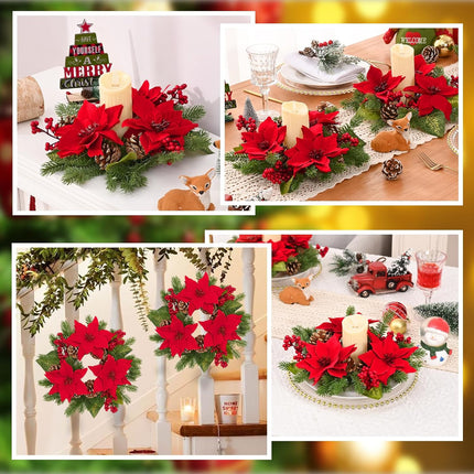MARTINE MALL 2 Pcs Christmas Candle Rings, 12 In Artificial Poinsettia Candle Rings, Red Berry Gold Pinecones Candle Ring Holder Christmas Decoration for Pillars Rustic Wedding Centerpiece Table Decor