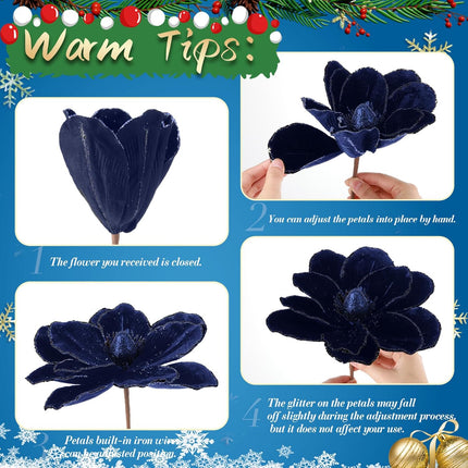 12 Pcs Christmas Velvet Poinsettia Burgundy Magnolia Flowers Ornaments Glitter Large Heads Artificial Magnolia Flowers for Christmas Tree Decorations Wedding Decor Supplies (Dark Blue)
