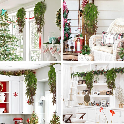 RECUTMS 2Pcs Christmas Pine Garland 3.3FT Hanging Fake Pine Needle Plants Faux Greenery Winter Norfolk Pine Swag Artificial Wreath Decor for Christmas Indoor Outdoor Holiday Table Mantel Winter (Red)