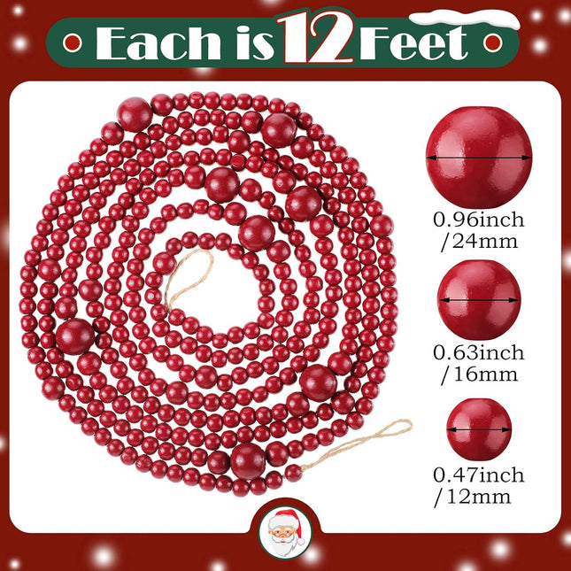 2 Pcs 24 Feet Christmas Wooden Bead Garland Xmas Farmhouse Beads Christmas Tree Farmhouse Decor Rustic Boho Garland Vintage Boho Decorations for Christmas Decoration Supply (Red)