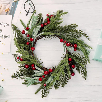 Christmas Wreath for Front Door, 13.78'' Christmas Candle Ring Wreath with Mistletoe Leaves,Berry and Pine Branch for Xmas Table Fireplaces Centerpiece Porch Wall Window Home Decor (1, Red)