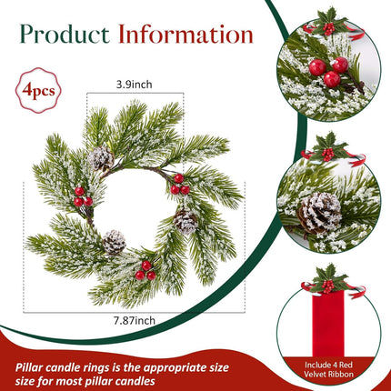 Christmas Candle Rings-4pcs Mini Small Christmas Wreaths for Kitchen Cabinets- Frosted Cedar Christmas Candle Rings Wreaths for Pillars/Window/Chair Wall-Christmas Table Centerpieces Decorations