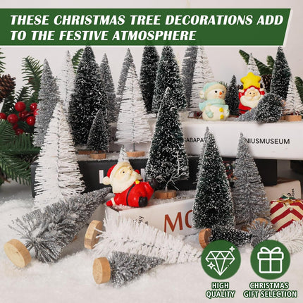 30Pcs Mini Christmas Trees Artificial Christmas Tree Bottle Brush Trees with Wooden Base for Christmas Decor Christmas Party Home Table Craft Decorations(White+Silver+Dark Green)
