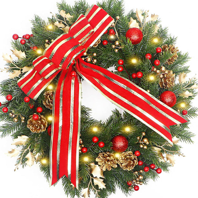 Christmas Wreath with Lights，20''Bowknot Christmas Wreaths for Front Door, Shiny Ball Reindeer Leave for Christmas Year Home Décor