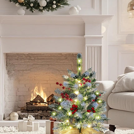 Small Christmas Tree, 22 Inches Artificial Tabletop Christmas Tree with 50 Lights,Snow Flocked Mini Xmas Tree with Pinecones Berries Wood Base for Christmas Decorations Indoor Home Decor