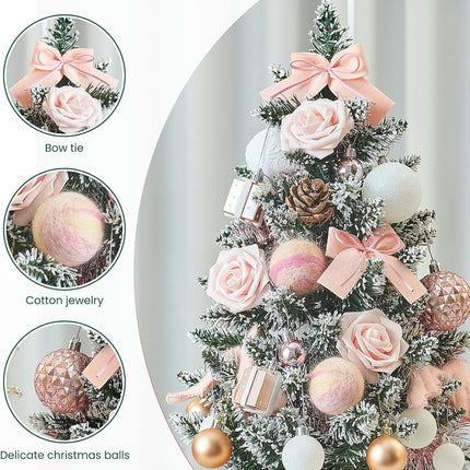 WBHome 1.8 Feet Pre-lit & Pre-Decorated Tabletop Christmas Tree, Rose Gold Ornament Decorations with Pine Cones, Snow Flocked Mini Christmas Tree with Lights, 35 Bulbs (1.8FT)