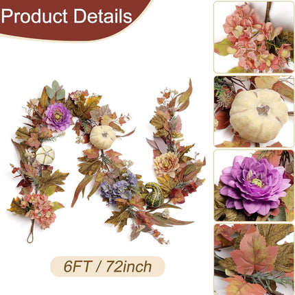 Artgar Fall Garland - Fall Decor - 6 Ft Hydrangea Pumpkin Garland - Maple Leaf Garland with Hydrangeas Dahlias for Porch Mantel Staircase Table Decor for Fall Thanksgiving Farmhouse Decor