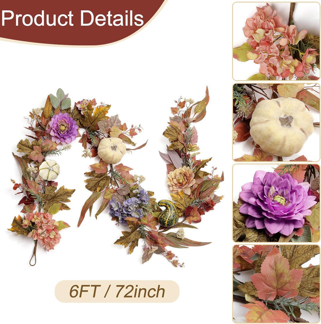 Artgar Fall Garland - Fall Decor - 6 Ft Hydrangea Pumpkin Garland - Maple Leaf Garland with Hydrangeas Dahlias for Porch Mantel Staircase Table Decor for Fall Thanksgiving Farmhouse Decor