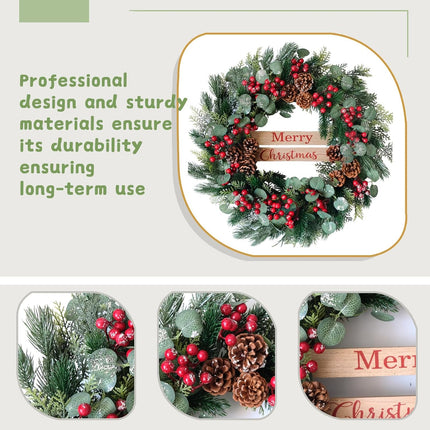 Christmas Decor - 24nch Artificial Christmas Wreath with Eucalyptus Leaves, Pine Cones and Berry Clusters，Winter Front Door Wreath for Indoor Outdoor Farmhouse Festival Home Decor