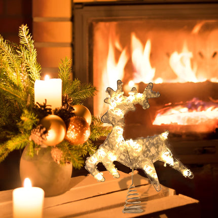 Christmas Tree Topper Lighted, 10" Christmas Reindeer Tree Topper with Warm Lights, Battery Operated Xmas Tree Topper with Timing Battery Case, White Christmas Deer Winter Decorations