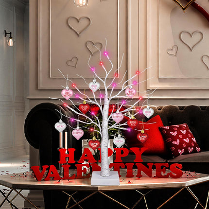 Valentines Day Decorations 24 Inch Lighted Valentines Decor Tree with 12 Heart Ornament, Timer/USB/Battery Operated Valentine's Decoration Tree, Valentines Day Decor for Home Table Bedroom Party