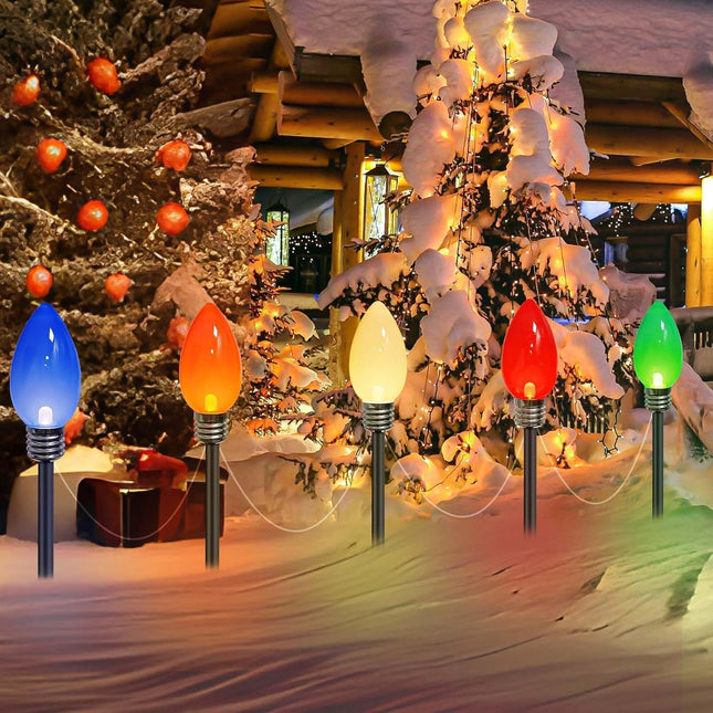 d 10 Pack Jumbo Multicolor Solar C9 Christmas Lights Outdoor Decorations for Yard Pathway, Waterproof Super Bright LED String Lights Covered Jumbo Multicolored Bulb with Stakes