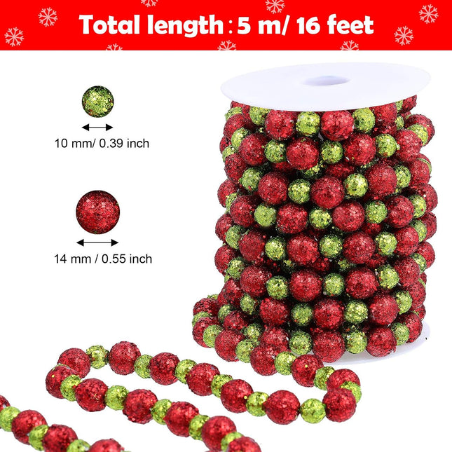 WILLBOND 16 Feet Christmas Tree Beaded Garland, Xmas Tree Glitter Green and Red Ball Garland Beads Christmas Plastic DIY Holiday Decoration